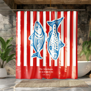 Personalised Family Nautical Red Sardine Stripes Shower Curtain