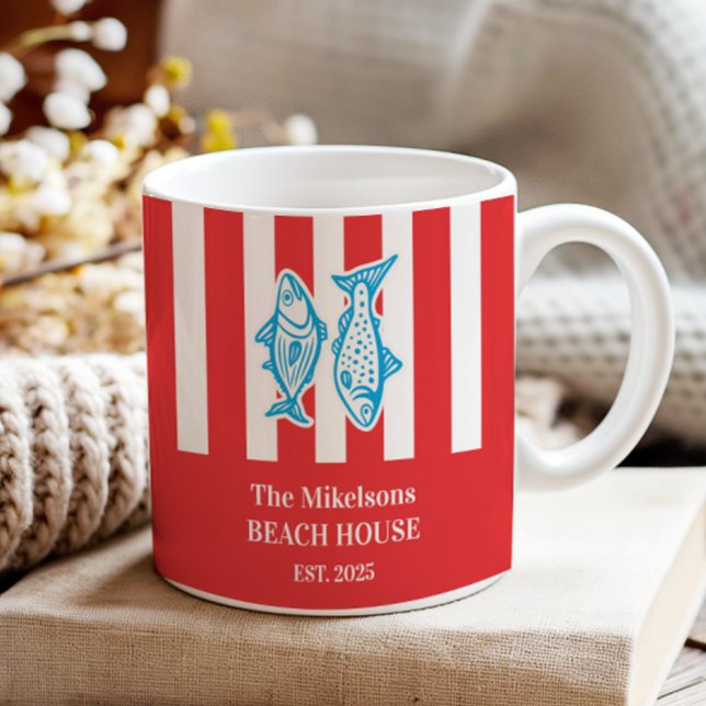 Personalised Family Nautical Red Sardine Stripes Two-Tone Coffee Mug (Creator Uploaded)