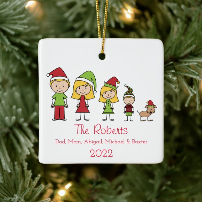 Personalised Family of 4 With Dog Christmas Ceramic Ornament (Tree)