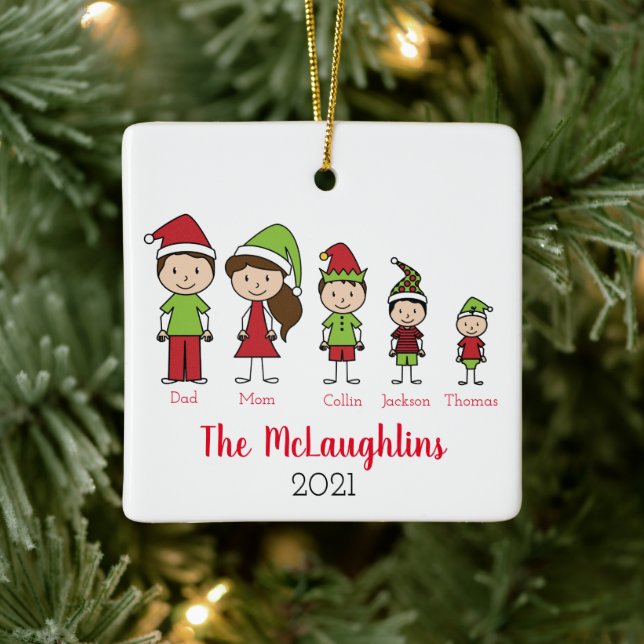 Personalised Family of 5 Christmas Ceramic Ornament (Tree)
