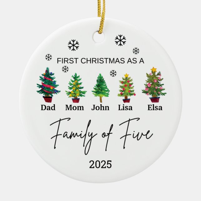 Personalised Family of Five Ornament, Family Gift Ceramic Ornament (Front)