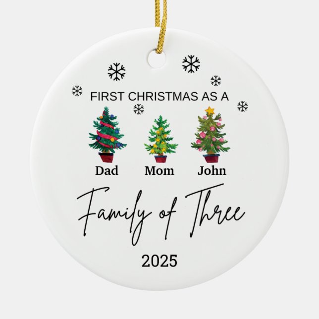 Personalised Family of Three Ornament, Family Gift Ceramic Ornament (Front)
