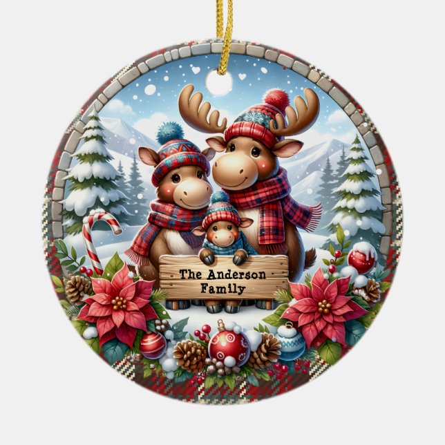 Personalised Family of Three Reindeer Christmas Ceramic Ornament (Front)