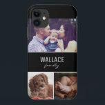 Personalised Family Photo and Last Name iPhone 11 Case<br><div class="desc">Personalise this cell phone case with favourite family photos of the kids,  mum,  dad,  grand parents,  family name or pets etc. Three photo areas. Modern typography on a black block. The name is repeated for the back side of this phone case.</div>