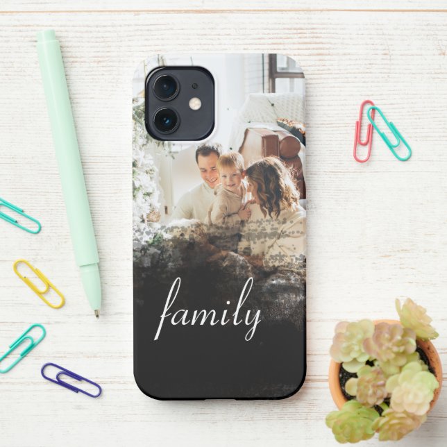 Personalised Family Photo Black Abstract iPhone Case (On Desk)