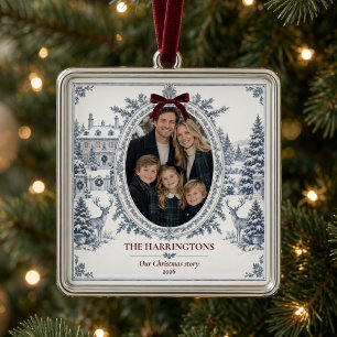 Personalised Family Photo Blue Winter Toile Metal Ornament