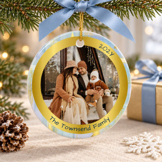 Personalised Family Photo Christmas Blue & Gold Ceramic Ornament