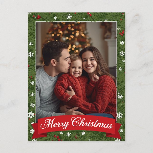 Personalised Family Photo Christmas Greenery Holiday Postcard (Front)