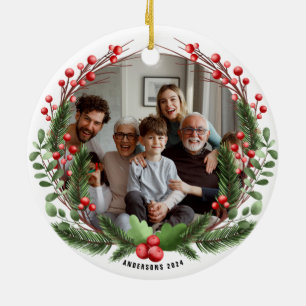 Personalised Family Photo Christmas Wreath Ceramic Ornament