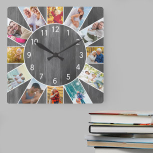Personalised Family Photo Collage Grey Wood Square Wall Clock