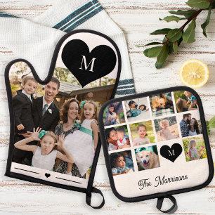 Personalised family photo collage name monogram oven mitt & pot holder set
