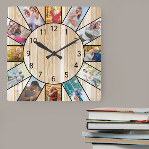 Personalised Family Photo Collage Pine Wood Square Wall Clock