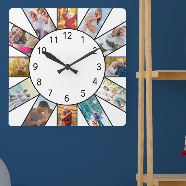 Personalised Family Photo Collage White Square Wall Clock (Photo clock with 12 photos, one at each hour. Great design for your home or a thoughtful photo gift.)