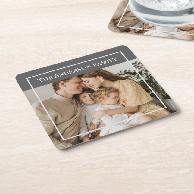 Personalised Family Photo | Custom Family Name  Square Paper Coaster (Angled)