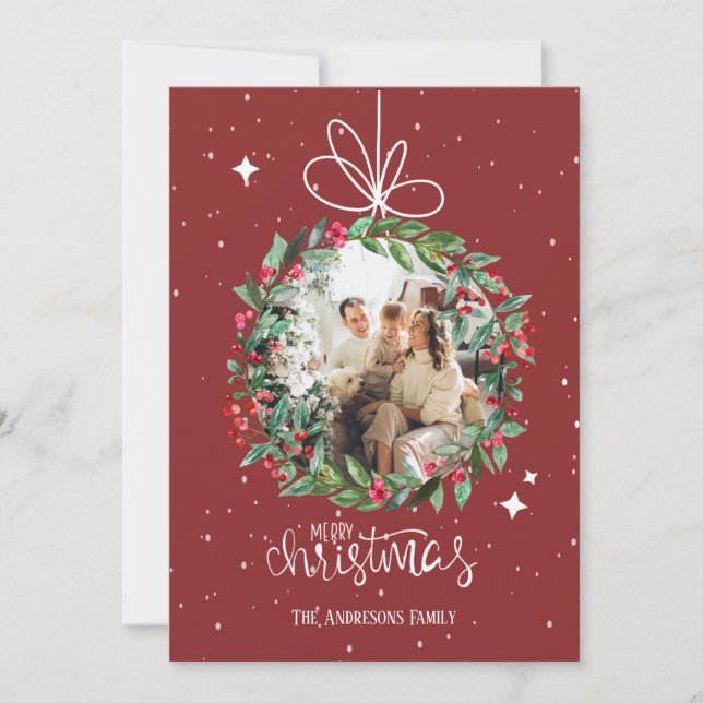 personalised family photo garland red christmas holiday card (Front)