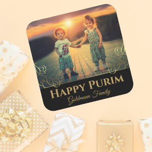 Personalised Family Photo Gold Hebrew Happy Purim  Square Sticker