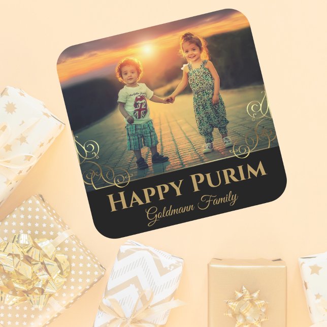 Personalised Family Photo Gold Hebrew Happy Purim  Square Sticker (Creator Uploaded)