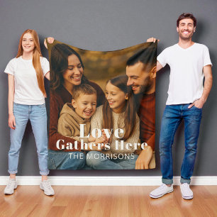 Personalised Family Photo Love Gathers Here Fleece Blanket
