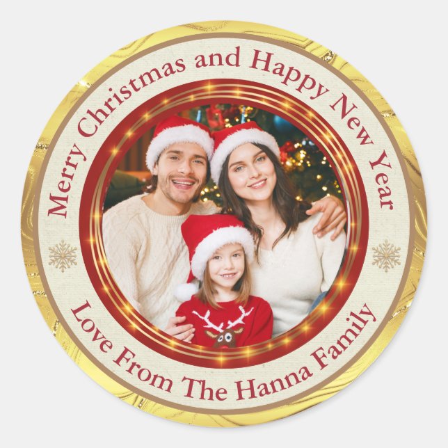 Personalised Family Photo Merry Christmas Classic Round Sticker (Front)