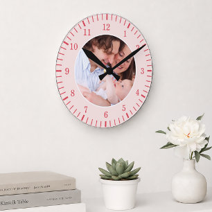 Personalised Family Photo Pink & Red Classic Round Clock