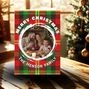 Personalised Family Photo Plaid Pattern Christmas  Holiday Card