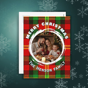 Personalised Family Photo Plaid Pattern Christmas  Holiday Postcard