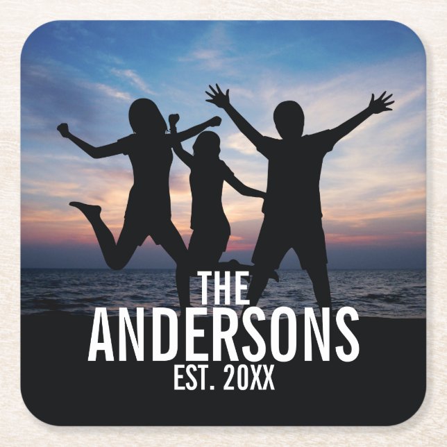 Personalised Family Photo with Family Name Square Paper Coaster (Front)