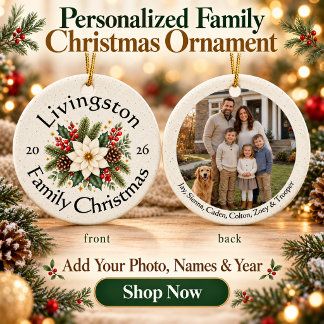 Personalised Family Photo with White Poinsettia Ceramic Ornament