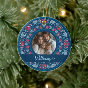 Personalised Family Portrait Blue Festive Mandala Ceramic Ornament
