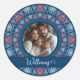 Personalised Family Portrait Blue Festive Mandala Classic Round Sticker