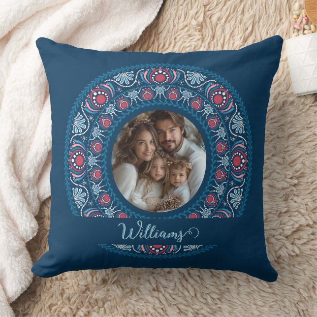 Personalised Family Portrait Blue Festive Mandala Cushion (Blanket)