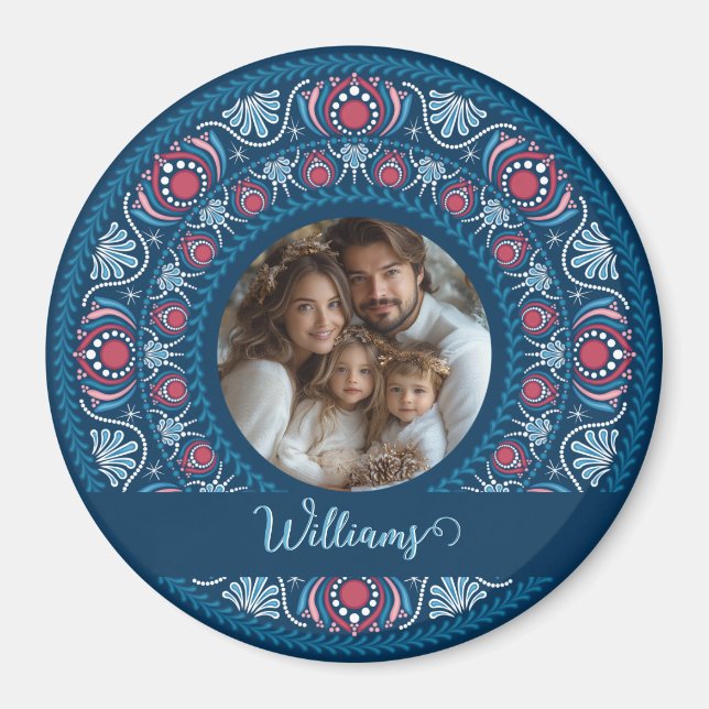Personalised Family Portrait Blue Festive Mandala Magnet (Front)
