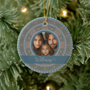 Personalised Family Portrait Teal and Gold Mandala Ceramic Ornament