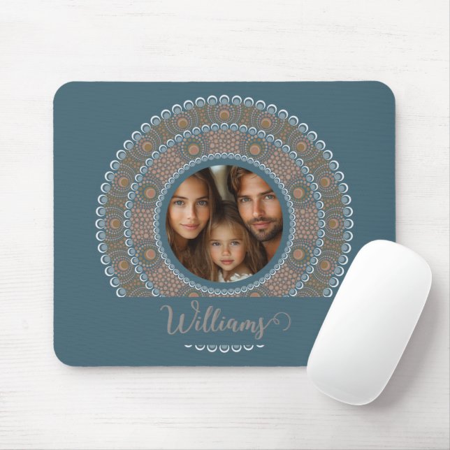 Personalised Family Portrait Teal and Gold Mandala Mouse Pad (With Mouse)