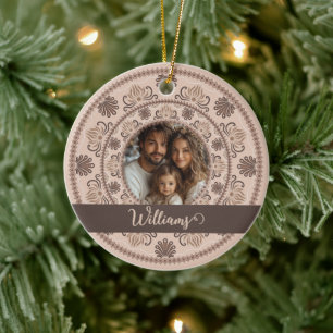 Personalised Family Portrait Warm Neutrals Mandala Ceramic Ornament