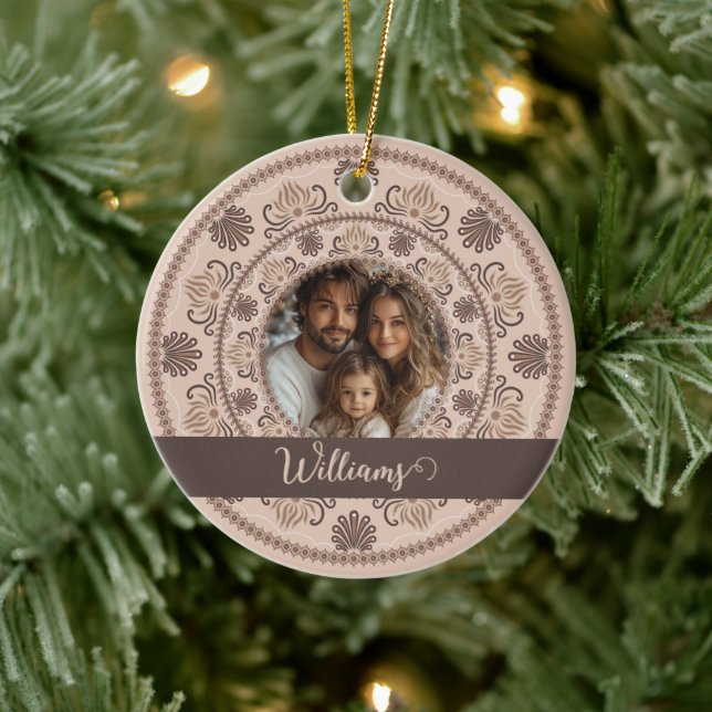 Personalised Family Portrait Warm Neutrals Mandala Ceramic Ornament (Tree)