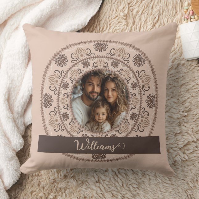 Personalised Family Portrait Warm Neutrals Mandala Cushion (Blanket)