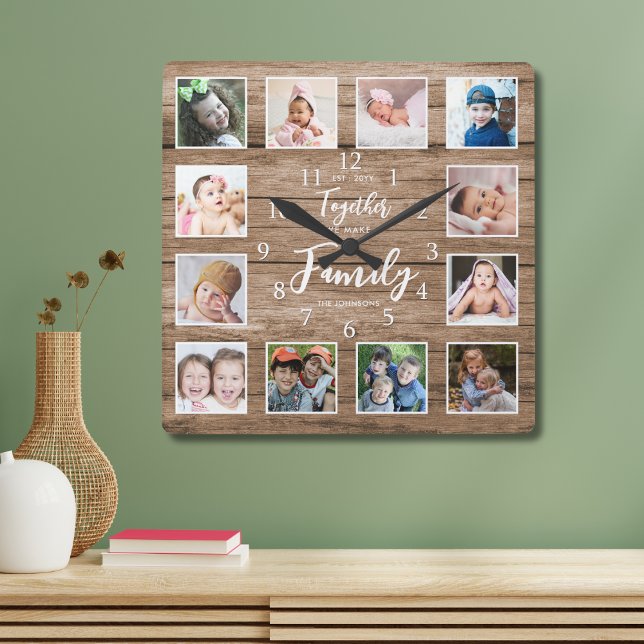 Personalised Family Quote 12 Photo Collage  Wood Square Wall Clock (Creator Uploaded)