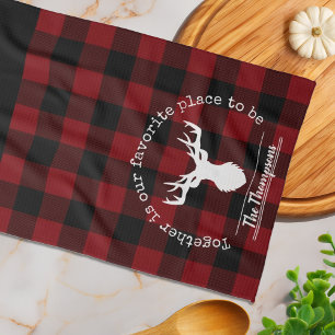 Personalised Family Red and Black Buffalo Plaid Tea Towel