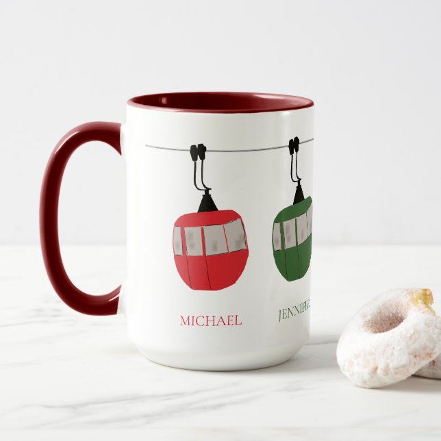 Personalised Family Retro Ski Lift Illustration Mug (With Donut)