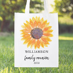Personalised Family Reunion  Reusable Grocery Bag<br><div class="desc">This Family Reunion reusable grocery bag is decorated with a yellow watercolor sunflower.
Easily customisable. 
Use the Customise Further option to change the text size,  style,  or colour.
Because we create our artwork you won't find this exact image from other designers. 
Original Watercolor © Michele Davies.</div>