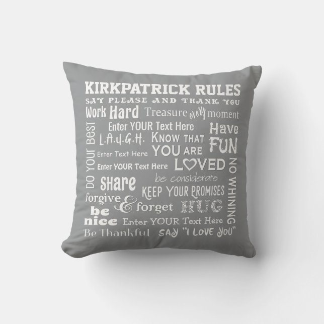 Personalised FAMILY RULES Word Art Editable Grey Cushion (Front)