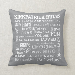 Personalised FAMILY RULES Word Art Editable Grey Cushion