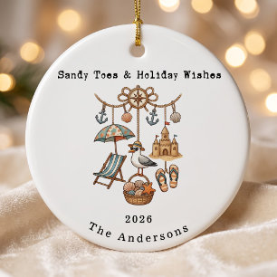 Personalised Family Sandy Toes & Holiday Wishes Ceramic Ornament