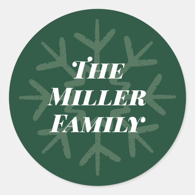 Personalised Family Signature Snowflake Green Classic Round Sticker (Front)