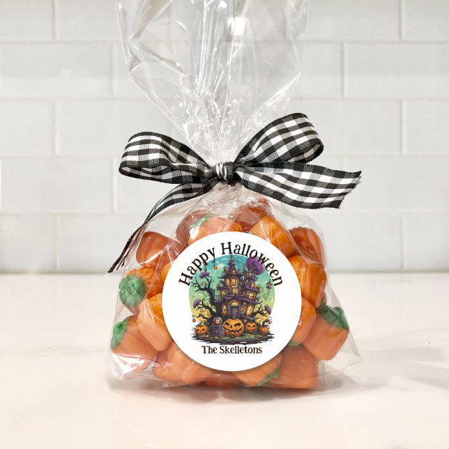 Personalised Family Sticker - Haunted House (Personalized Family Halloween Candy Bag Sticker)