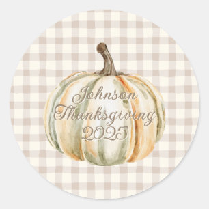 Personalised Family Thanksgiving Neutral Gingham Classic Round Sticker