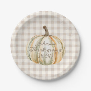 Personalised Family Thanksgiving Neutral Gingham Paper Plate