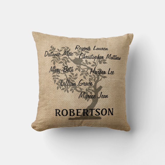 Personalised Family Tree Burlap Add 7 Names Cushion (Front)
