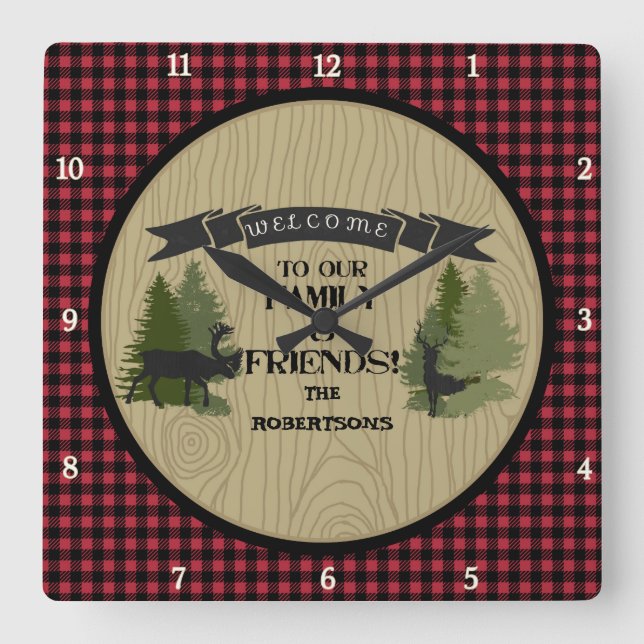 Personalised Family Welcome Mountain Lake Cabin Square Wall Clock (Front)